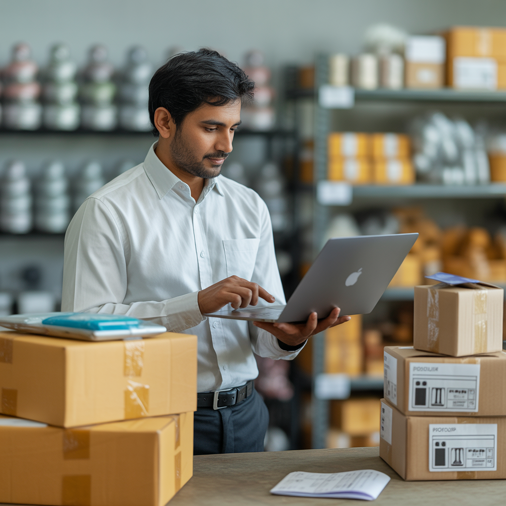 Ecommerce business owner managing online orders at packing station