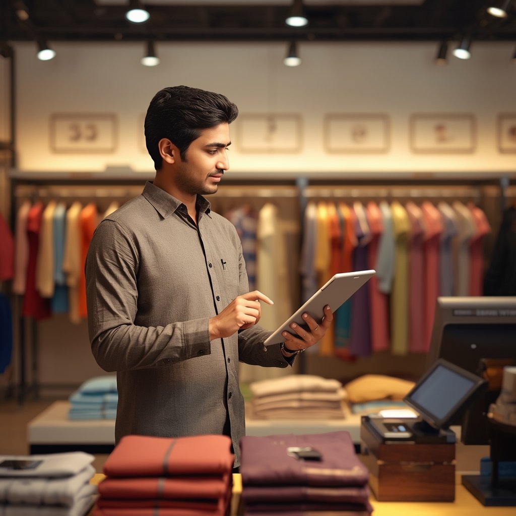 Clothing store owner with tablet