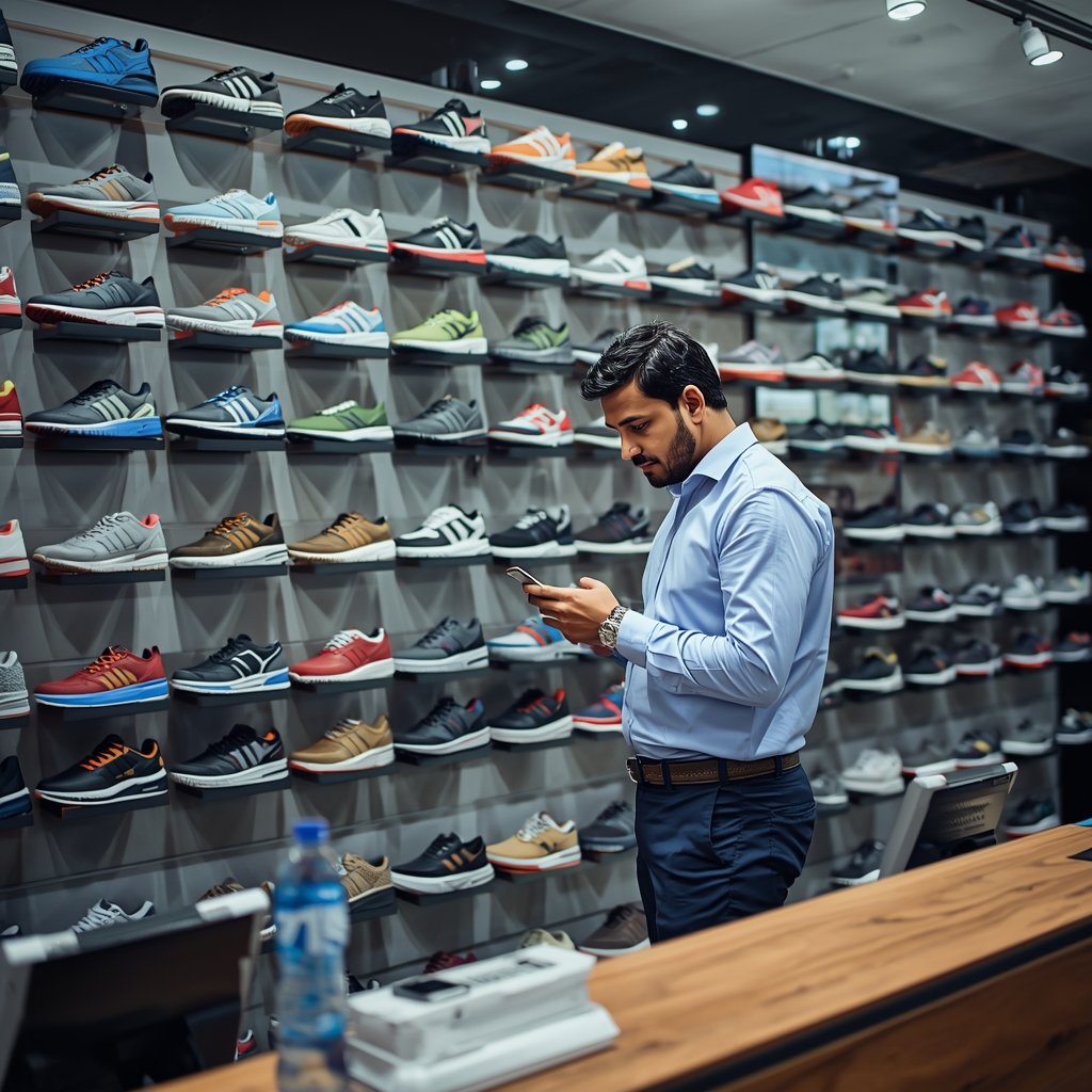 Footwear shop owner checking inventory on phone