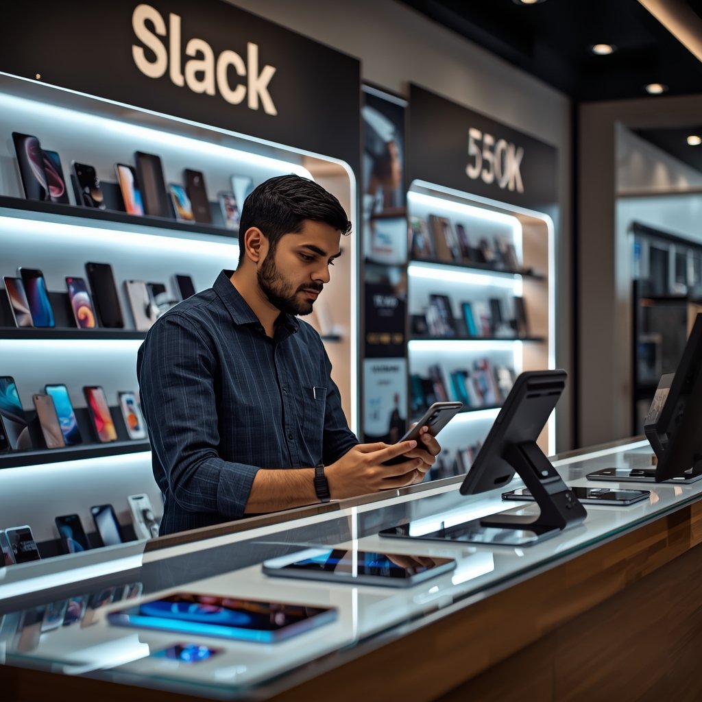 Mobile shop owner using smartphone at counter